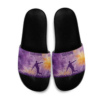 Custom Disc Golf Slide Sandals with Purple Sunset Tie Dye Basket and Player Silhouette - Wonder Print Shop