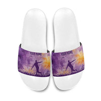 Custom Disc Golf Slide Sandals with Purple Sunset Tie Dye Basket and Player Silhouette - Wonder Print Shop
