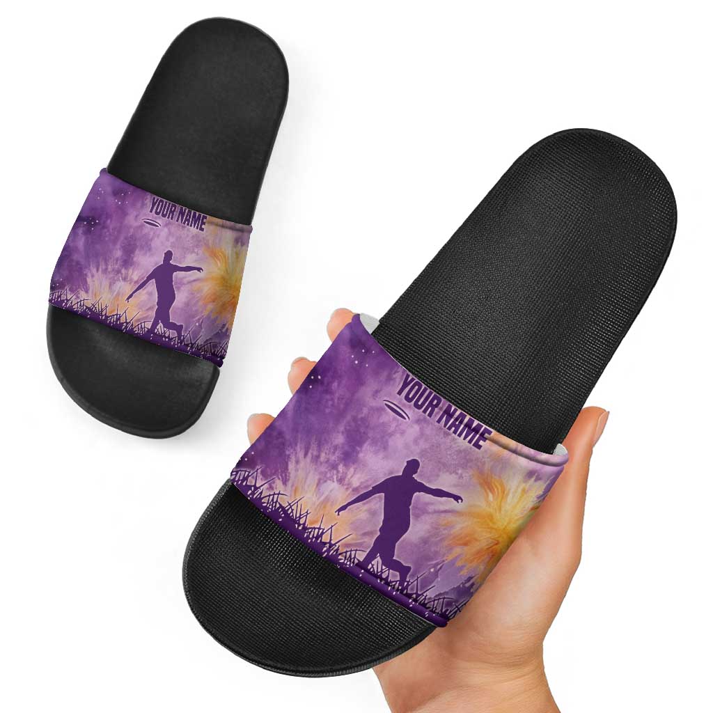 Custom Disc Golf Slide Sandals with Purple Sunset Tie Dye Basket and Player Silhouette - Wonder Print Shop