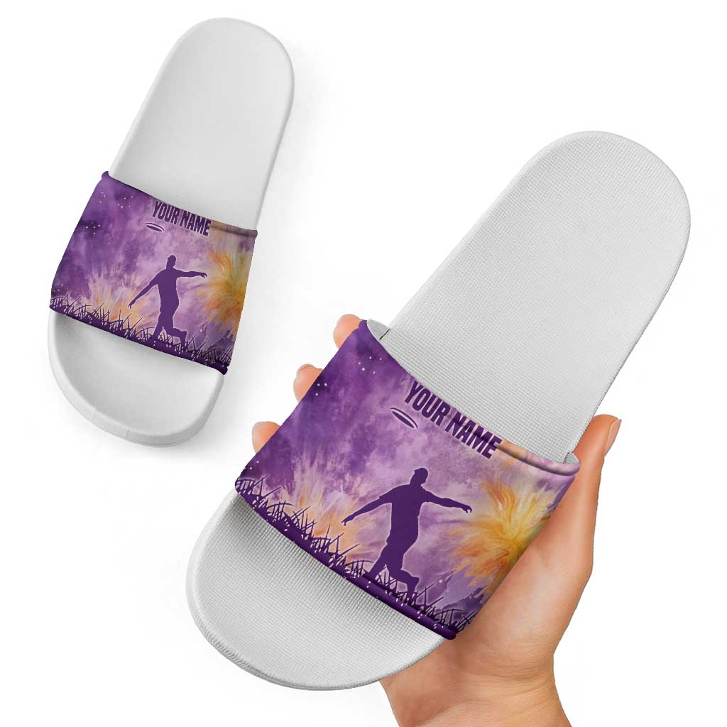 Custom Disc Golf Slide Sandals with Purple Sunset Tie Dye Basket and Player Silhouette - Wonder Print Shop