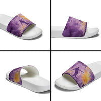 Custom Disc Golf Slide Sandals with Purple Sunset Tie Dye Basket and Player Silhouette - Wonder Print Shop