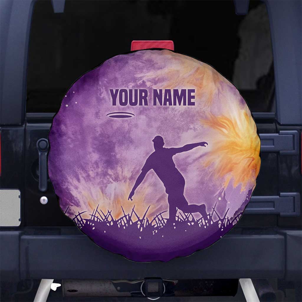 Custom Disc Golf Spare Tire Cover with Purple Sunset Tie Dye Basket and Player Silhouette - Wonder Print Shop