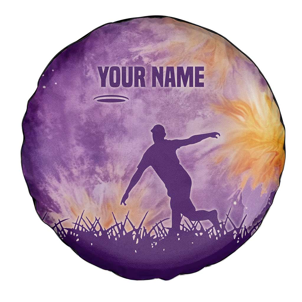Custom Disc Golf Spare Tire Cover with Purple Sunset Tie Dye Basket and Player Silhouette - Wonder Print Shop
