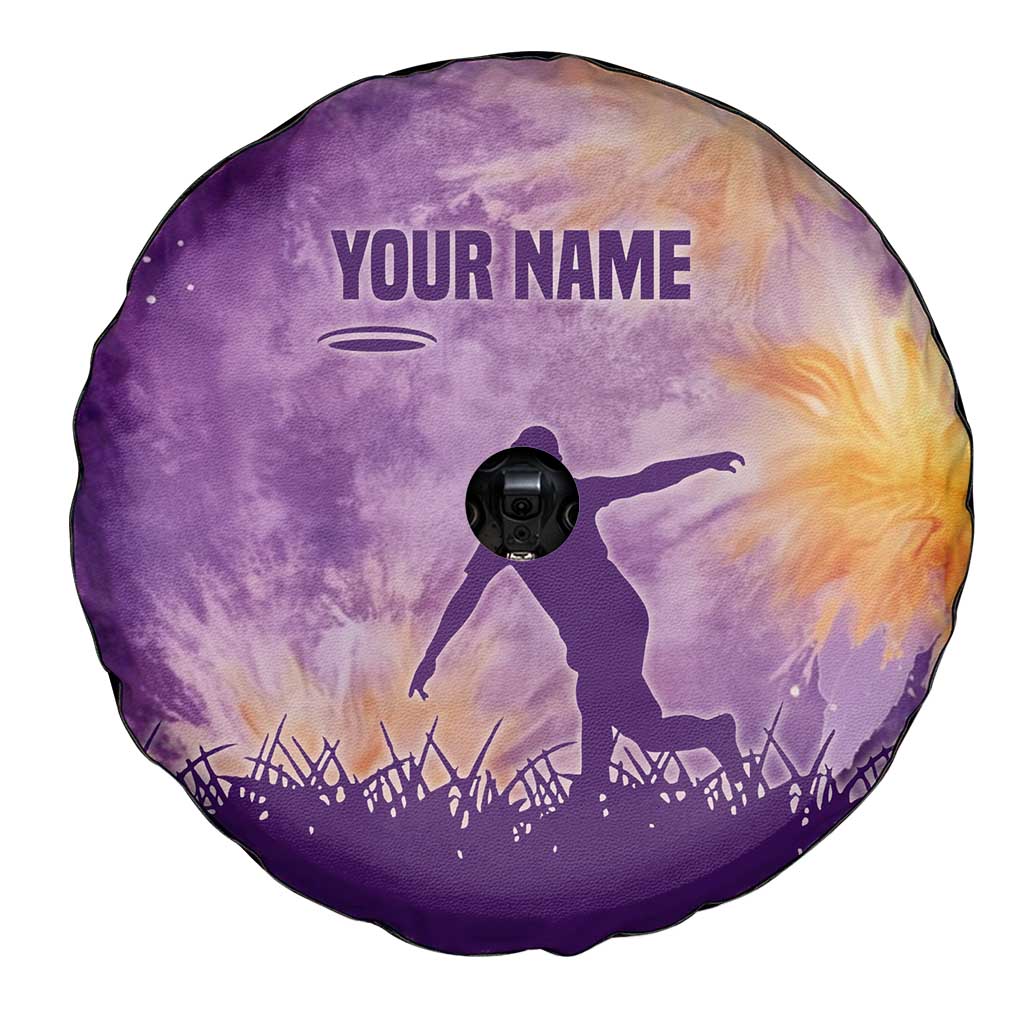 Custom Disc Golf Spare Tire Cover with Purple Sunset Tie Dye Basket and Player Silhouette - Wonder Print Shop