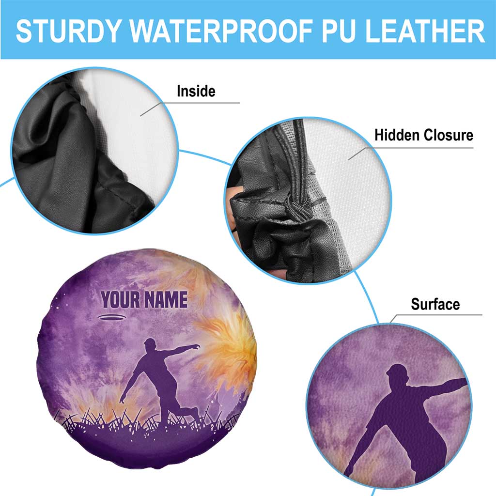 Custom Disc Golf Spare Tire Cover with Purple Sunset Tie Dye Basket and Player Silhouette - Wonder Print Shop