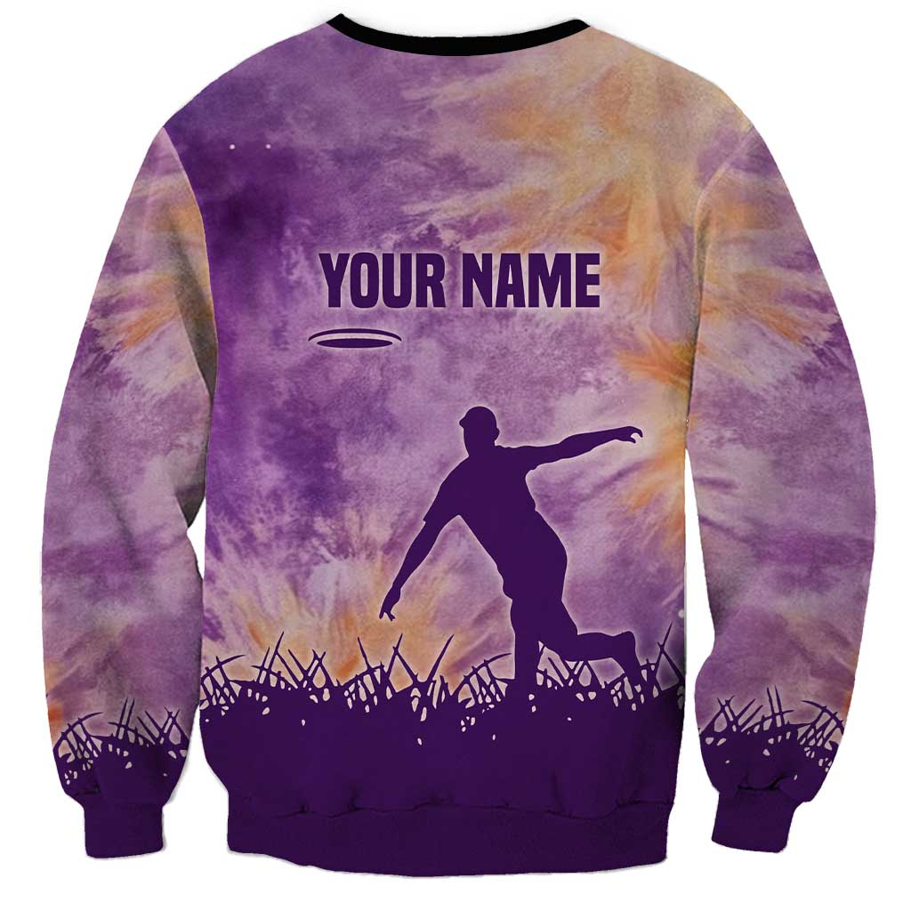 Custom Disc Golf Sweatshirt with Purple Sunset Tie Dye Basket and Player Silhouette - Wonder Print Shop