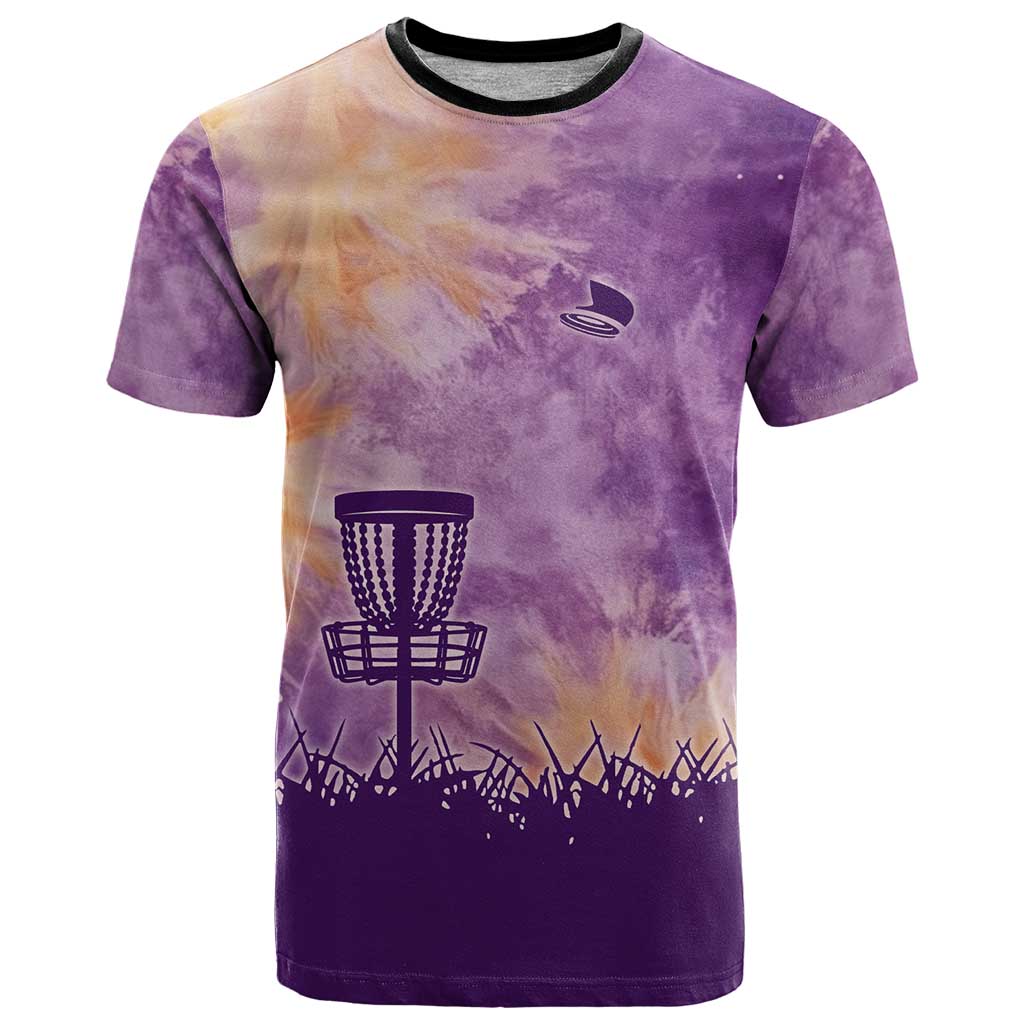 Custom Disc Golf T Shirt with Purple Sunset Tie Dye Basket and Player Silhouette - Wonder Print Shop