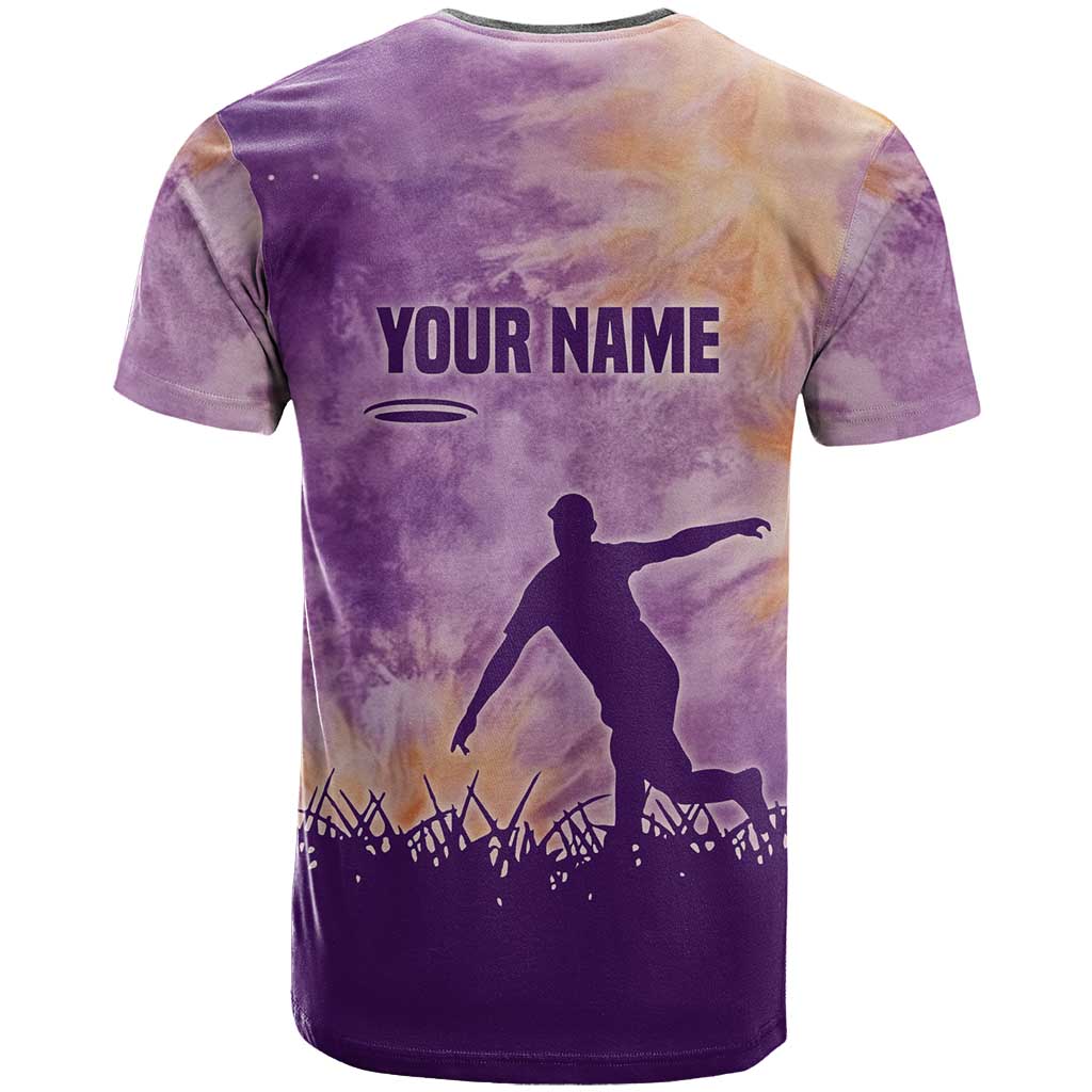 Custom Disc Golf T Shirt with Purple Sunset Tie Dye Basket and Player Silhouette - Wonder Print Shop