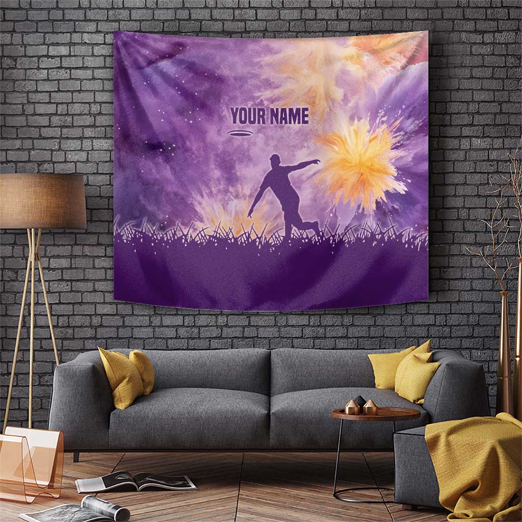 Custom Disc Golf Tapestry with Purple Sunset Tie Dye Basket and Player Silhouette - Wonder Print Shop