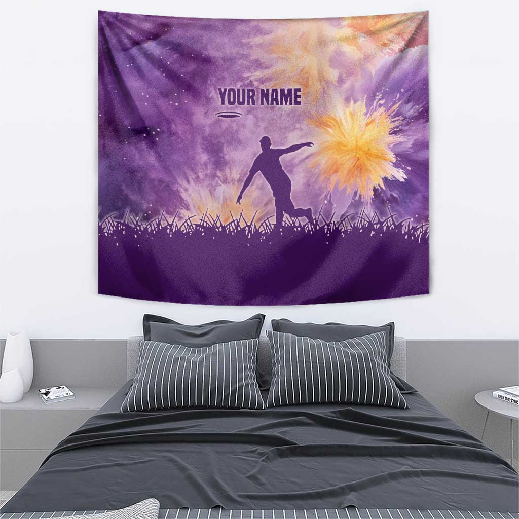 Custom Disc Golf Tapestry with Purple Sunset Tie Dye Basket and Player Silhouette - Wonder Print Shop