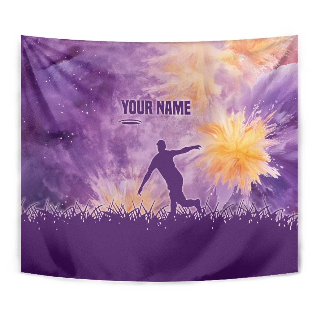 Custom Disc Golf Tapestry with Purple Sunset Tie Dye Basket and Player Silhouette - Wonder Print Shop