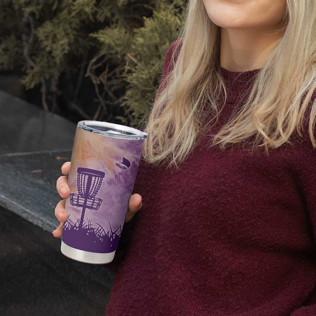 Custom Disc Golf Tumbler Cup with Purple Sunset Tie Dye Basket and Player Silhouette - Wonder Print Shop
