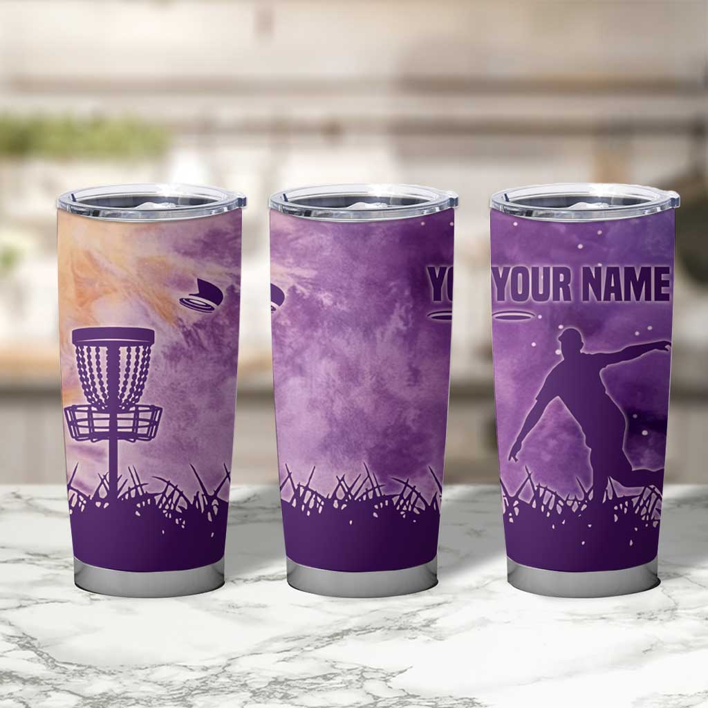 Custom Disc Golf Tumbler Cup with Purple Sunset Tie Dye Basket and Player Silhouette - Wonder Print Shop