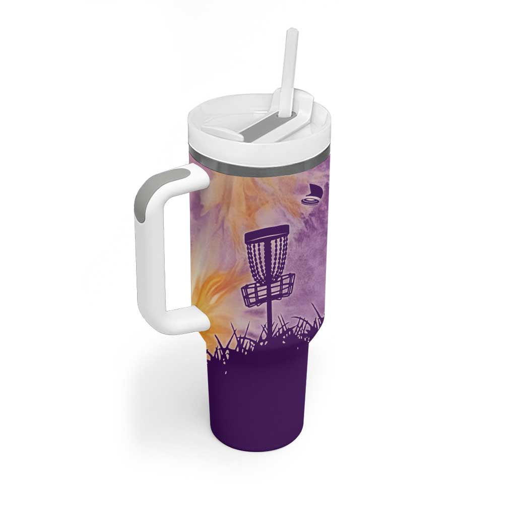 Custom Disc Golf Tumbler With Handle with Purple Sunset Tie Dye Basket and Player Silhouette - Wonder Print Shop