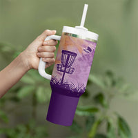 Custom Disc Golf Tumbler With Handle with Purple Sunset Tie Dye Basket and Player Silhouette - Wonder Print Shop