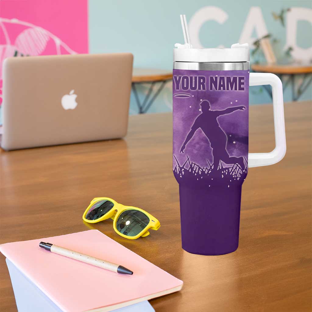 Custom Disc Golf Tumbler With Handle with Purple Sunset Tie Dye Basket and Player Silhouette - Wonder Print Shop