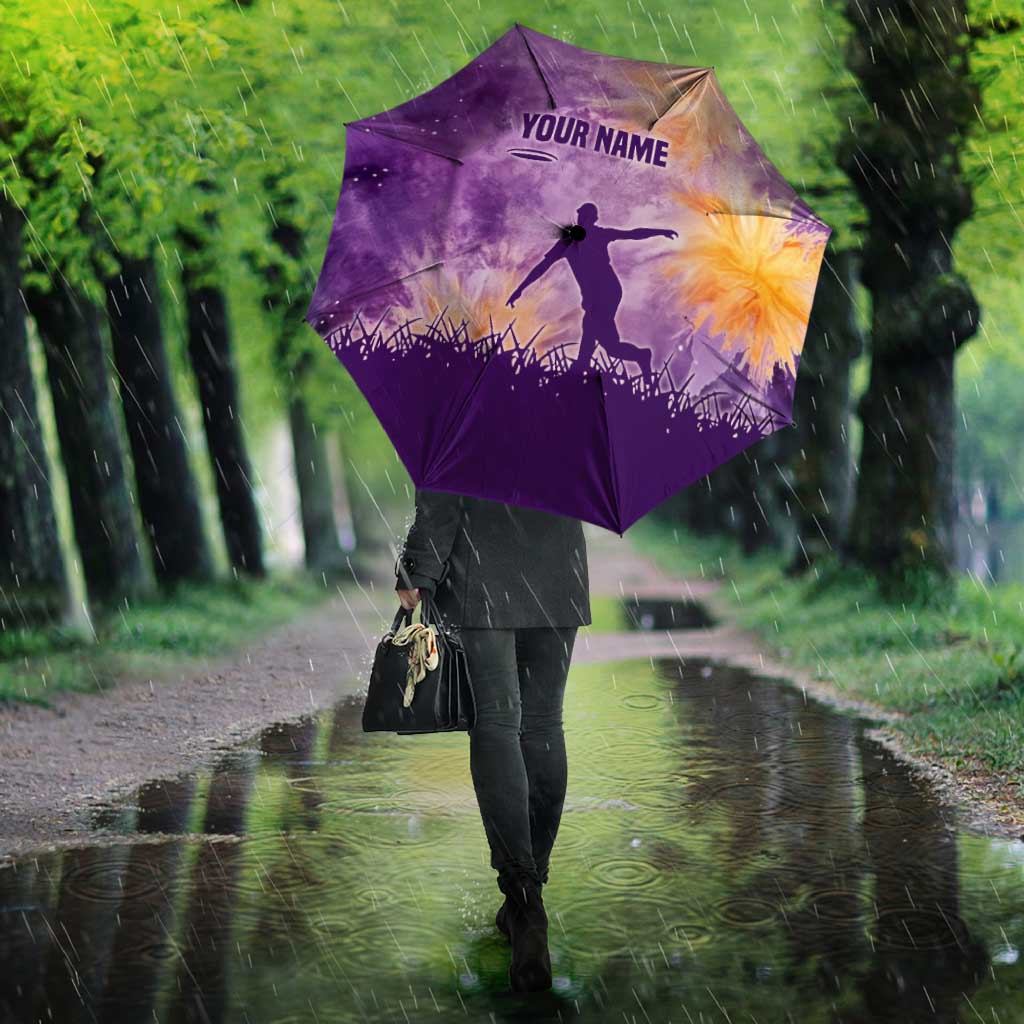 Custom Disc Golf Umbrella with Purple Sunset Tie Dye Basket and Player Silhouette - Wonder Print Shop