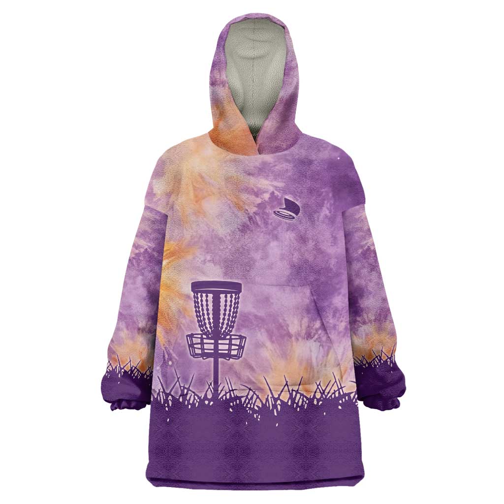 Custom Disc Golf Wearable Blanket Hoodie with Purple Sunset Tie Dye Basket and Player Silhouette - Wonder Print Shop