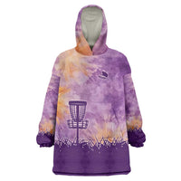 Custom Disc Golf Wearable Blanket Hoodie with Purple Sunset Tie Dye Basket and Player Silhouette - Wonder Print Shop