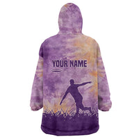 Custom Disc Golf Wearable Blanket Hoodie with Purple Sunset Tie Dye Basket and Player Silhouette - Wonder Print Shop
