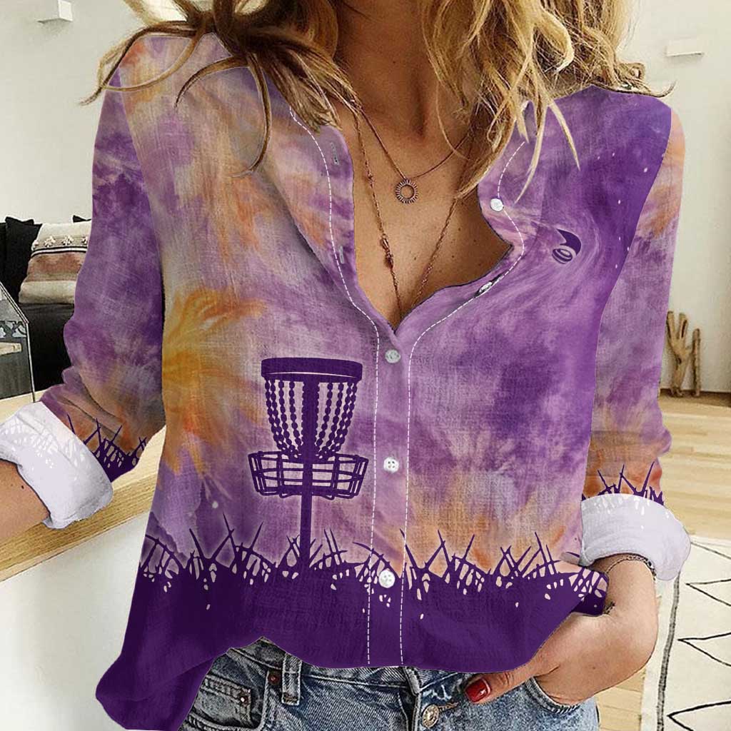 Custom Disc Golf Women Casual Shirt with Purple Sunset Tie Dye Basket and Player Silhouette - Wonder Print Shop