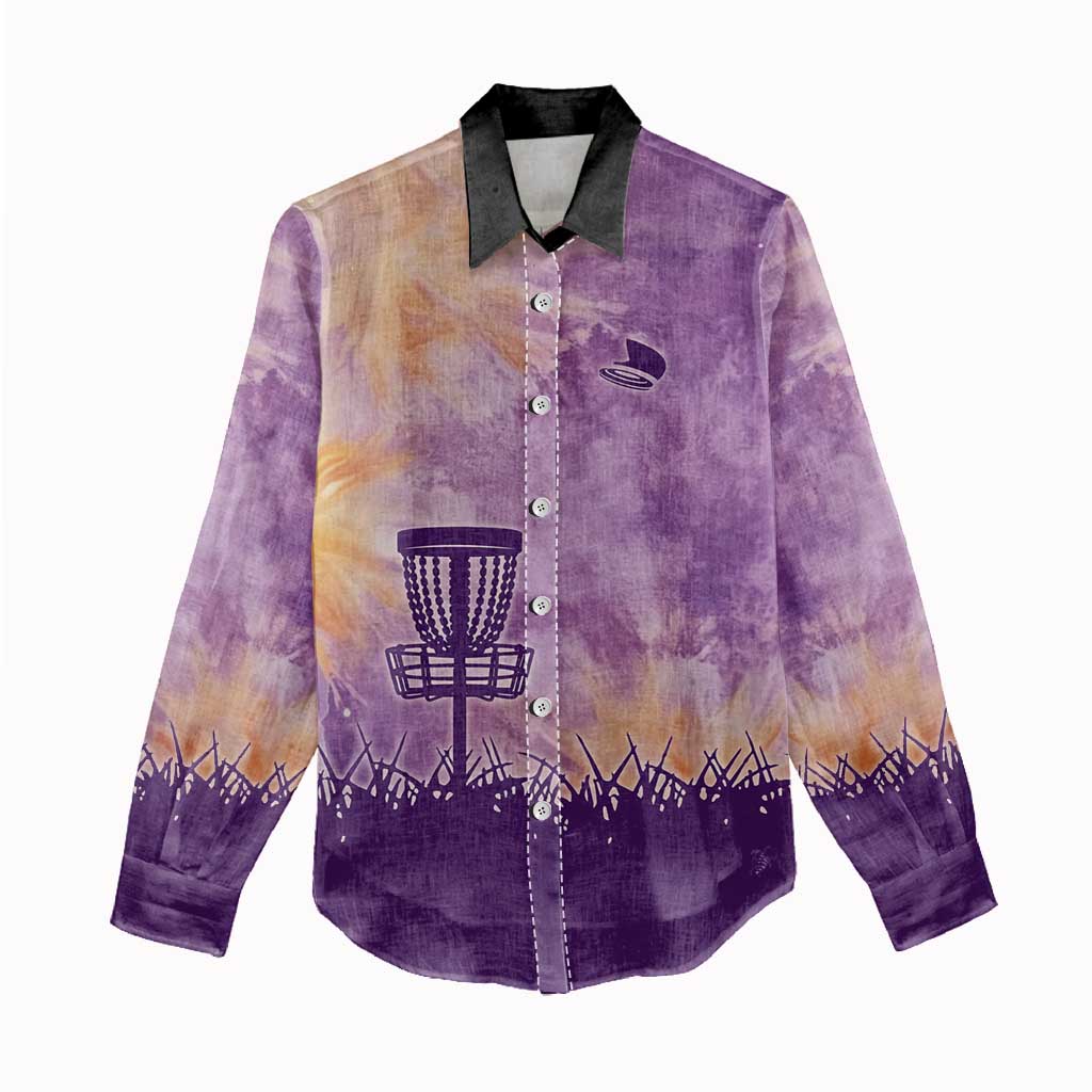 Custom Disc Golf Women Casual Shirt with Purple Sunset Tie Dye Basket and Player Silhouette - Wonder Print Shop