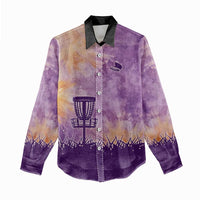 Custom Disc Golf Women Casual Shirt with Purple Sunset Tie Dye Basket and Player Silhouette - Wonder Print Shop
