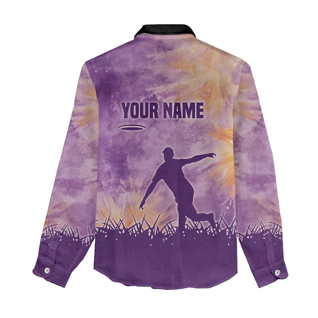 Custom Disc Golf Women Casual Shirt with Purple Sunset Tie Dye Basket and Player Silhouette - Wonder Print Shop