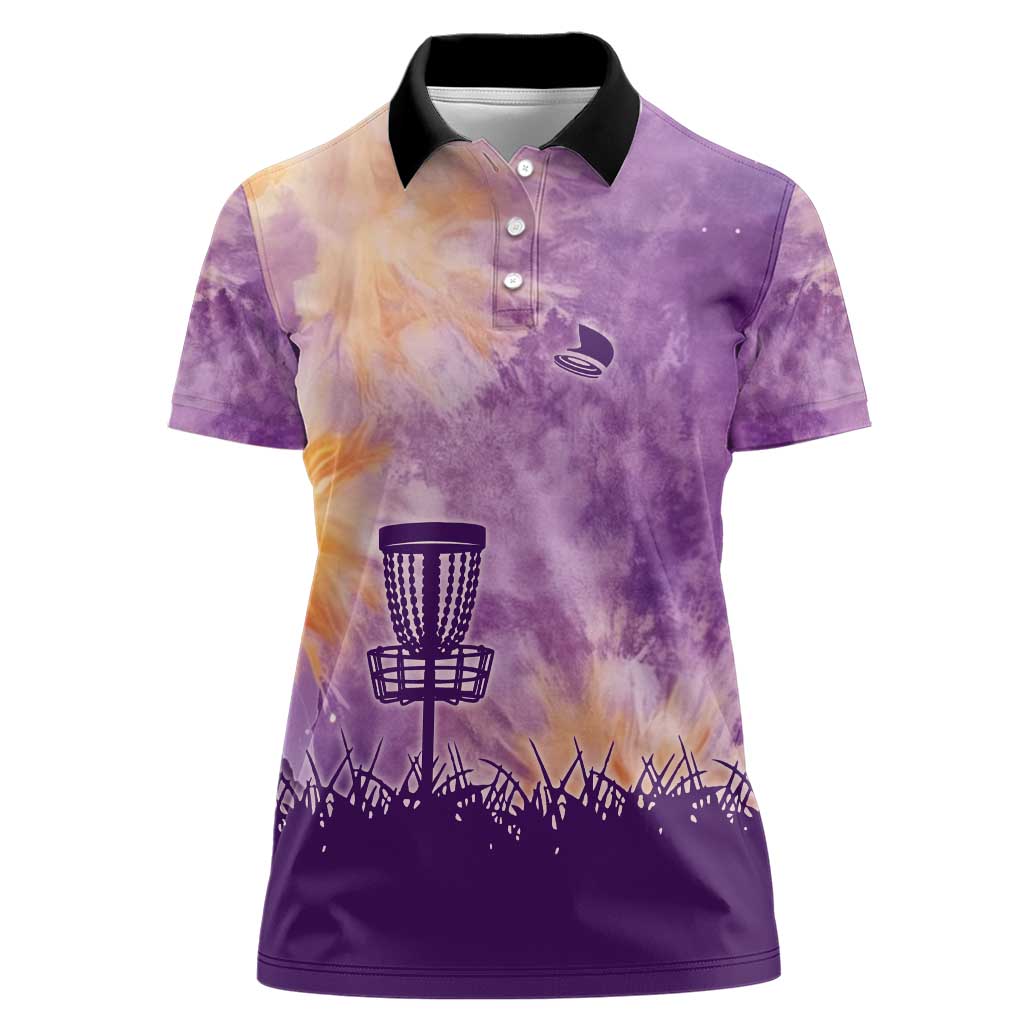 Custom Disc Golf Women Polo Shirt with Purple Sunset Tie Dye Basket and Player Silhouette - Wonder Print Shop