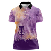 Custom Disc Golf Women Polo Shirt with Purple Sunset Tie Dye Basket and Player Silhouette - Wonder Print Shop