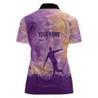 Custom Disc Golf Women Polo Shirt with Purple Sunset Tie Dye Basket and Player Silhouette - Wonder Print Shop