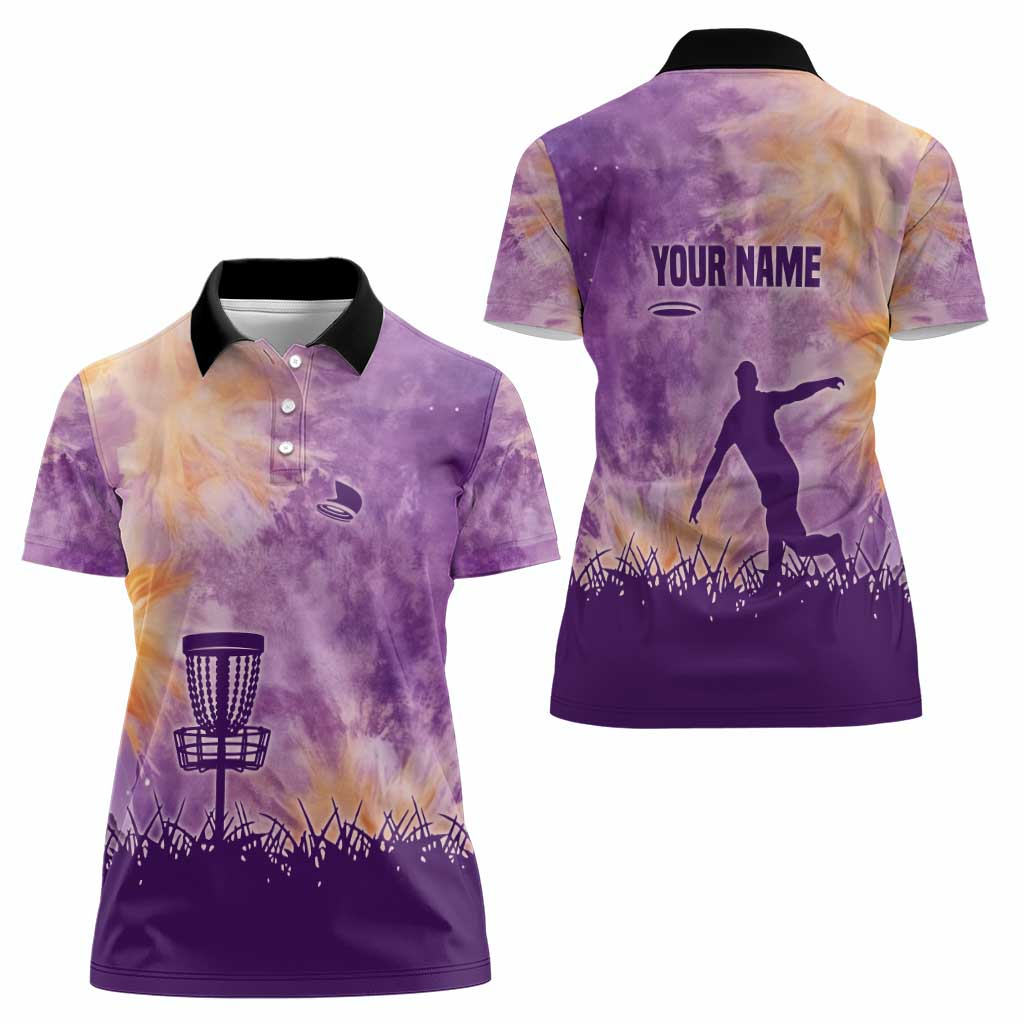 Custom Disc Golf Women Polo Shirt with Purple Sunset Tie Dye Basket and Player Silhouette - Wonder Print Shop