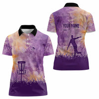 Custom Disc Golf Women Polo Shirt with Purple Sunset Tie Dye Basket and Player Silhouette - Wonder Print Shop