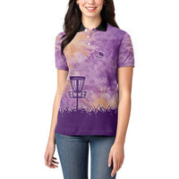 Custom Disc Golf Women Polo Shirt with Purple Sunset Tie Dye Basket and Player Silhouette - Wonder Print Shop