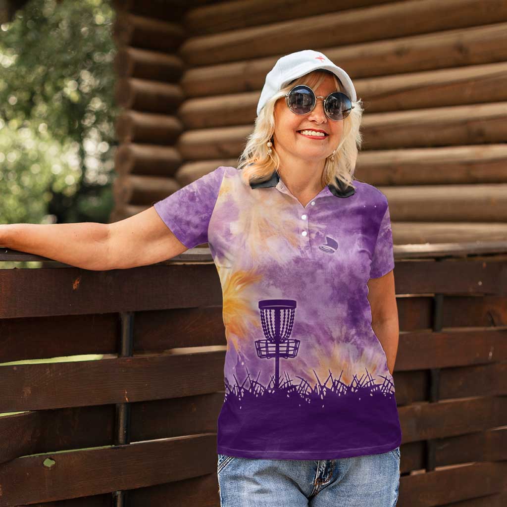 Custom Disc Golf Women Polo Shirt with Purple Sunset Tie Dye Basket and Player Silhouette - Wonder Print Shop