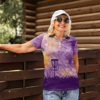 Custom Disc Golf Women Polo Shirt with Purple Sunset Tie Dye Basket and Player Silhouette - Wonder Print Shop