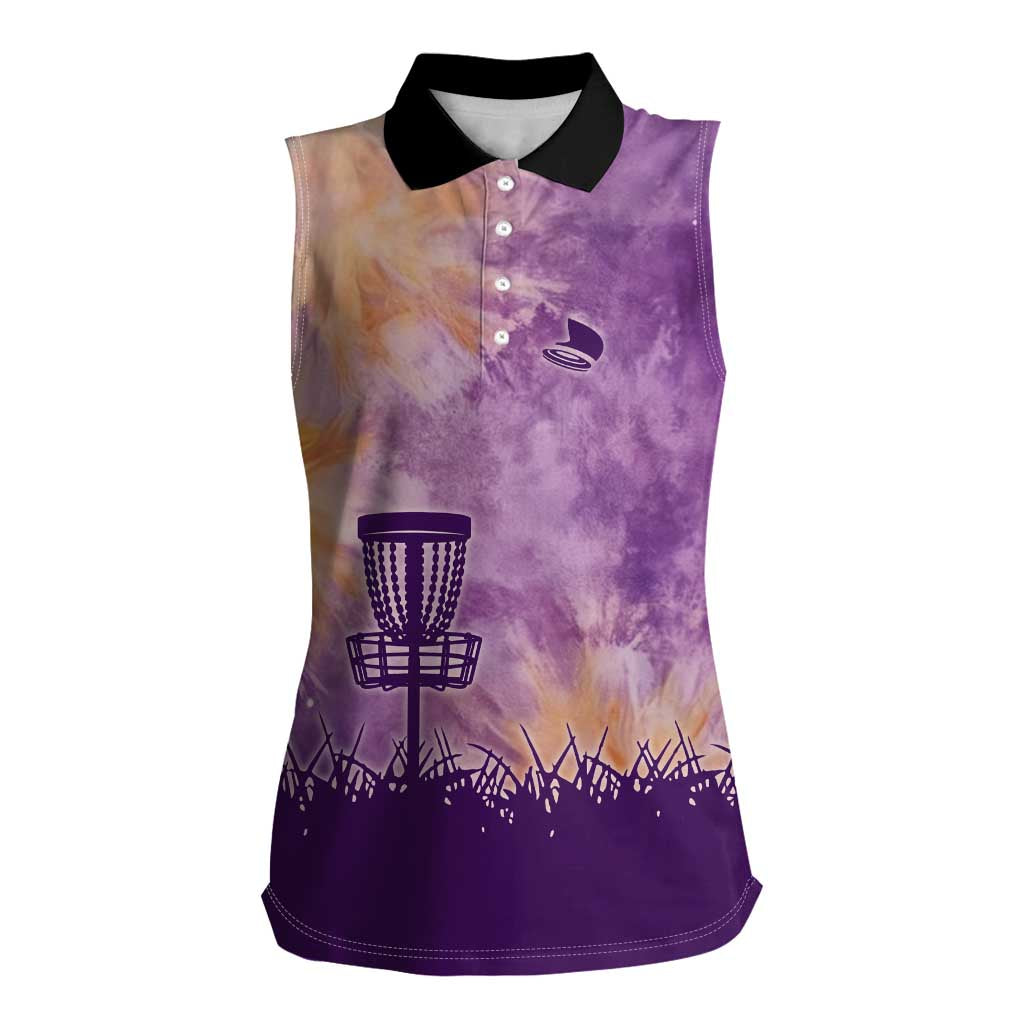 Custom Disc Golf Women Sleeveless Polo Shirt with Purple Sunset Tie Dye Basket and Player Silhouette - Wonder Print Shop