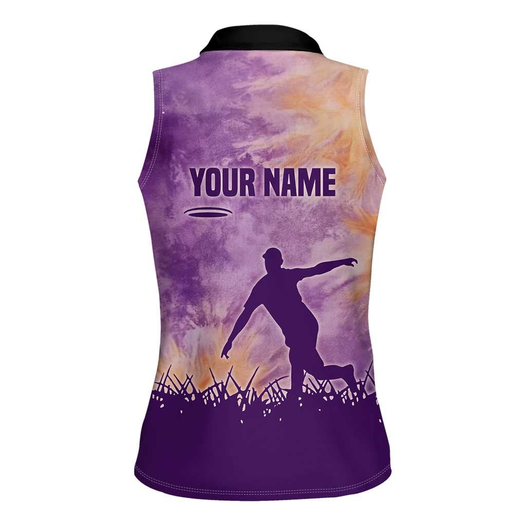 Custom Disc Golf Women Sleeveless Polo Shirt with Purple Sunset Tie Dye Basket and Player Silhouette - Wonder Print Shop