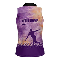 Custom Disc Golf Women Sleeveless Polo Shirt with Purple Sunset Tie Dye Basket and Player Silhouette - Wonder Print Shop