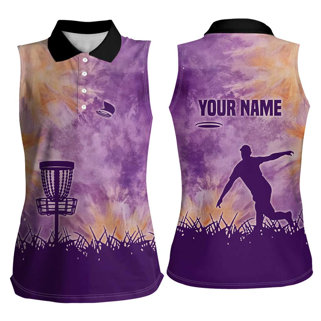 Custom Disc Golf Women Sleeveless Polo Shirt with Purple Sunset Tie Dye Basket and Player Silhouette - Wonder Print Shop