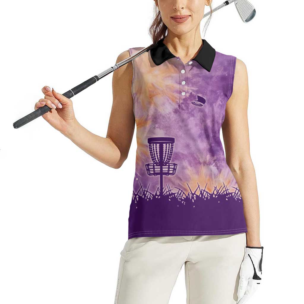 Custom Disc Golf Women Sleeveless Polo Shirt with Purple Sunset Tie Dye Basket and Player Silhouette - Wonder Print Shop