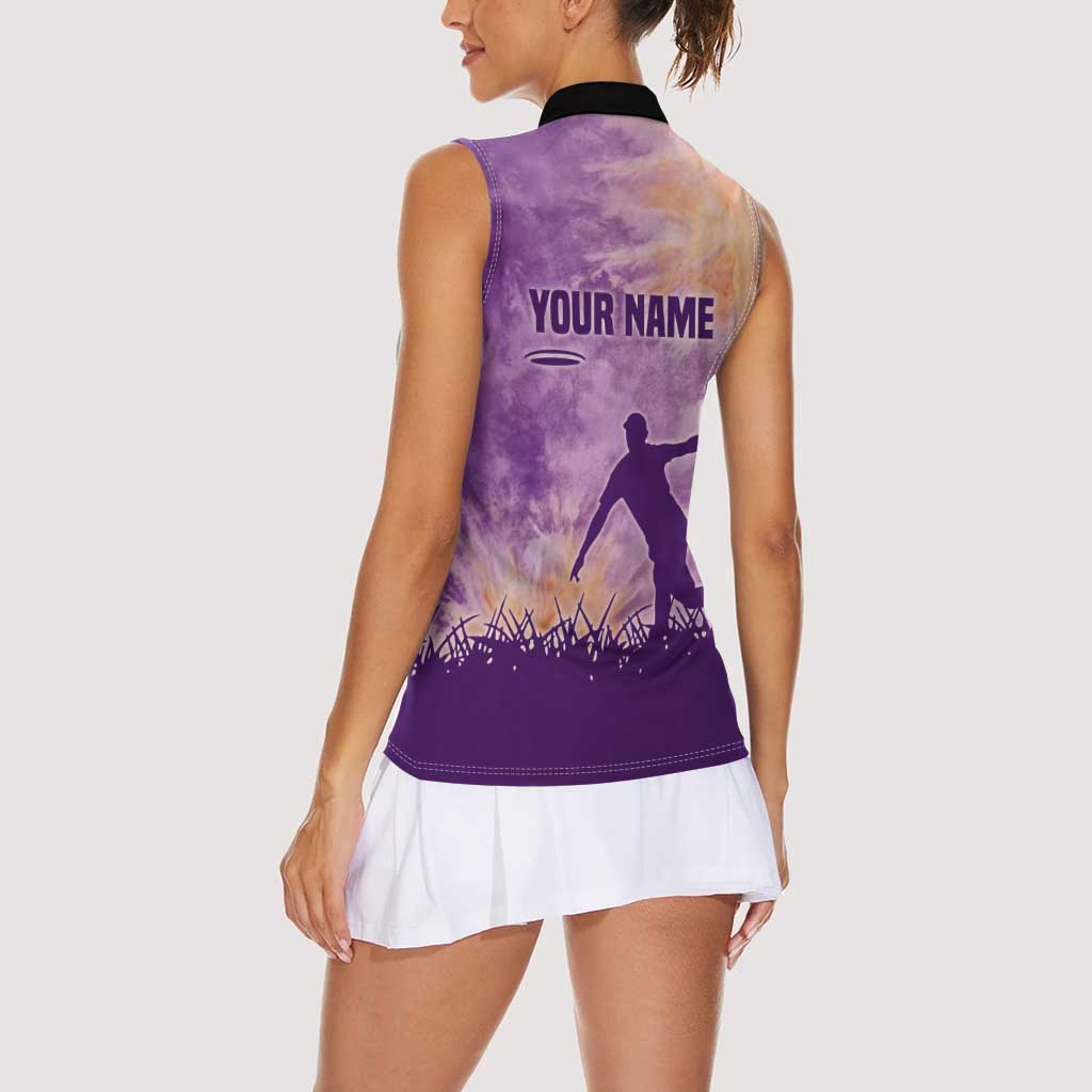 Custom Disc Golf Women Sleeveless Polo Shirt with Purple Sunset Tie Dye Basket and Player Silhouette - Wonder Print Shop