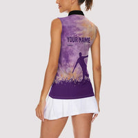Custom Disc Golf Women Sleeveless Polo Shirt with Purple Sunset Tie Dye Basket and Player Silhouette - Wonder Print Shop