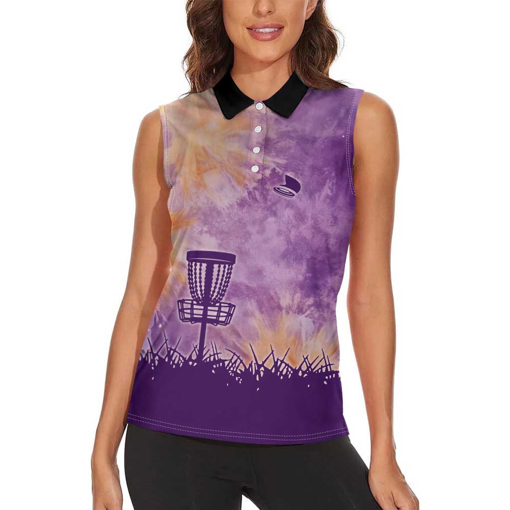 Custom Disc Golf Women Sleeveless Polo Shirt with Purple Sunset Tie Dye Basket and Player Silhouette - Wonder Print Shop