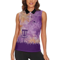 Custom Disc Golf Women Sleeveless Polo Shirt with Purple Sunset Tie Dye Basket and Player Silhouette - Wonder Print Shop