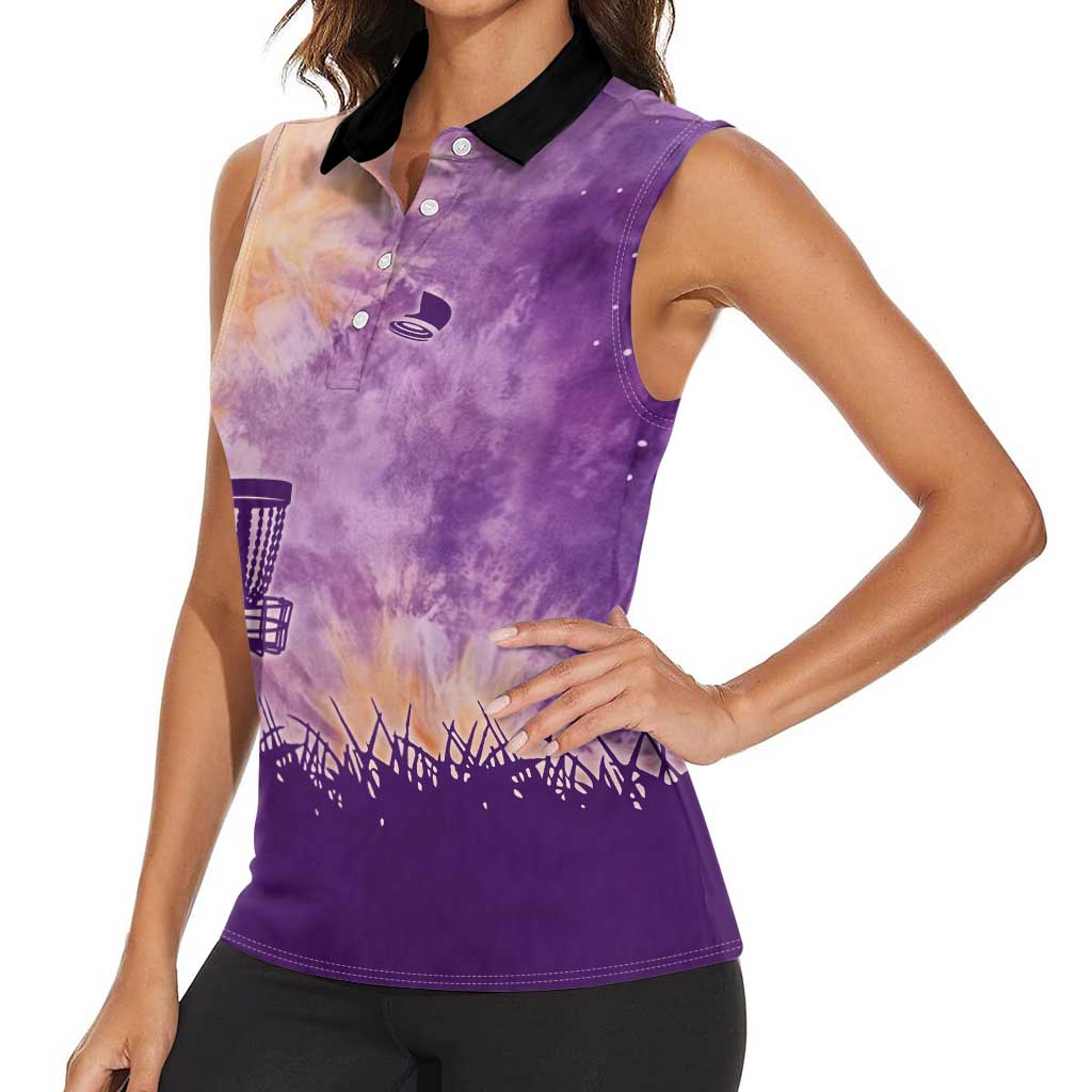 Custom Disc Golf Women Sleeveless Polo Shirt with Purple Sunset Tie Dye Basket and Player Silhouette - Wonder Print Shop