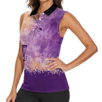 Custom Disc Golf Women Sleeveless Polo Shirt with Purple Sunset Tie Dye Basket and Player Silhouette - Wonder Print Shop