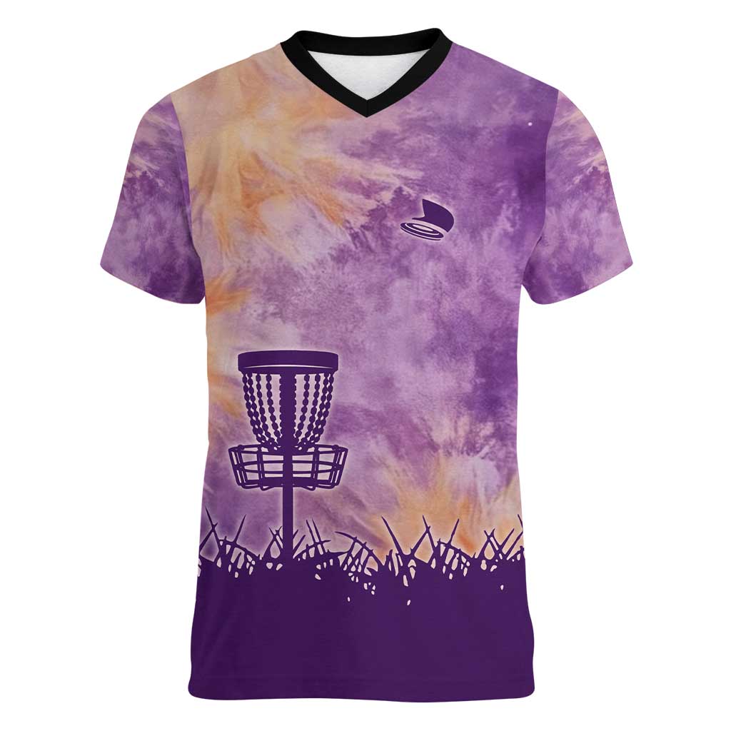 Custom Disc Golf Women V-Neck T-Shirt with Purple Sunset Tie Dye Basket and Player Silhouette - Wonder Print Shop