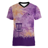 Custom Disc Golf Women V-Neck T-Shirt with Purple Sunset Tie Dye Basket and Player Silhouette - Wonder Print Shop