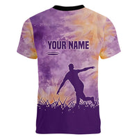 Custom Disc Golf Women V-Neck T-Shirt with Purple Sunset Tie Dye Basket and Player Silhouette - Wonder Print Shop
